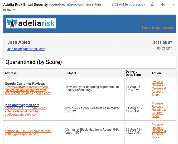 Screenshot of an Adelia Risk “Quarantine Digest” email showing list of quarantined messages by score—including sender address, subject, delivery date/time, and actions like Preview, Release & Approve, or Block—which illustrates proactive email quarantine monitoring to prevent phishing attacks.