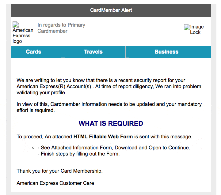 Example American Express phishing message labeled “CardMember Alert” requesting profile validation via an attached HTML form, illustrating how attackers mimic trusted brands like Amex to harvest sensitive data—highlighting the importance of scanning and blocking malicious attachments.