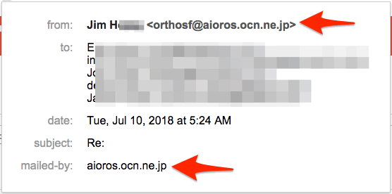 Email header details showing sender labeled “Jim H…” with actual address “orthosf@aioros.ocn.ne.jp” and “mailed-by: aioros.ocn.ne.jp”—demonstrating how display names can be misleading, reinforcing the importance of checking full sender email and domain for system and information integrity.