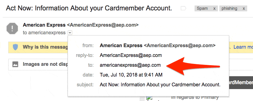 Gmail warning interface with sender displayed as “American Express <AmericanExpress@aep.com>,” showing the email header details including “reply-to” and “to” both as aep.com—demonstrating how phishing attempts can spoof trusted brands and why verifying actual sender domains is important for system and information integrity.