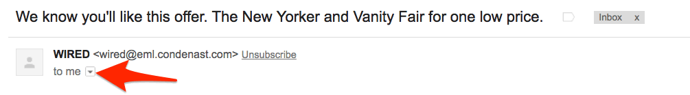 Gmail display showing sender “WIRED <wired@eml.condenast.com>” with dropdown arrow—highlighting how email addresses can be spoofed even when the display name appears familiar, reinforcing the importance of verifying senders to maintain system and information integrity.
