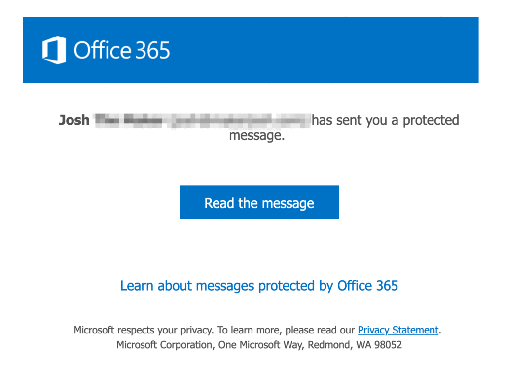 Office 365 Secure Email Recipient Message