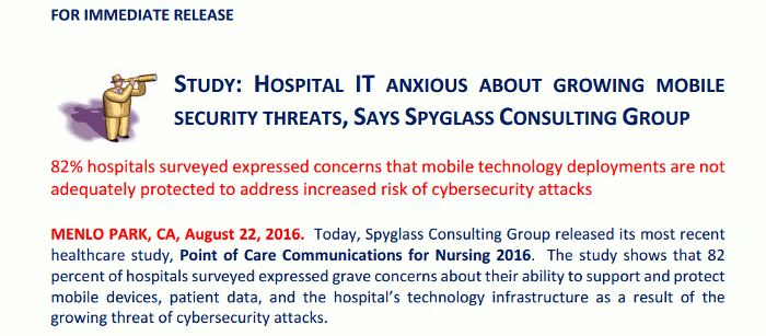 Press‑release excerpt stating that 82% of hospitals surveyed voiced concern over mobile technology security risks