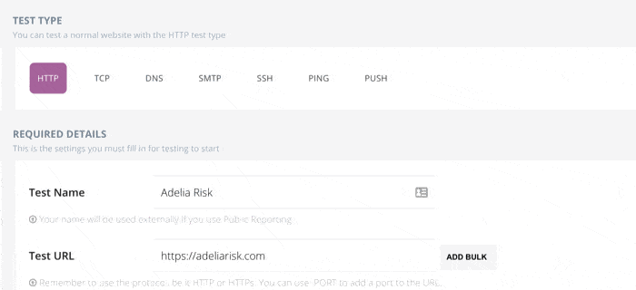 Screenshot of the “Add Test” interface showing options to select test type (HTTP, TCP, DNS, SMTP, SSH, Ping, Push) and fields to enter test name and URL for monitoring website health.