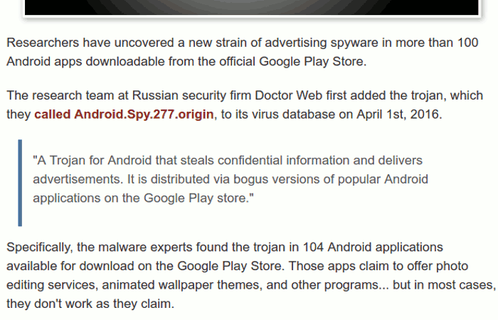 Excerpt explaining that researchers from Doctor Web discovered over 100 Android apps (named Android.Spy.277.origin) on Google Play that covertly steal data and deliver ads by masquerading as legitimate photo editing, wallpaper, and utility apps.