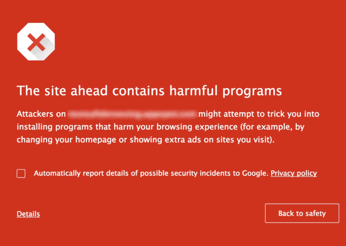 Browser warning screen stating “The site ahead contains harmful programs,” indicating that attackers on the site might attempt to trick users into installing harmful software or changing homepage settings.