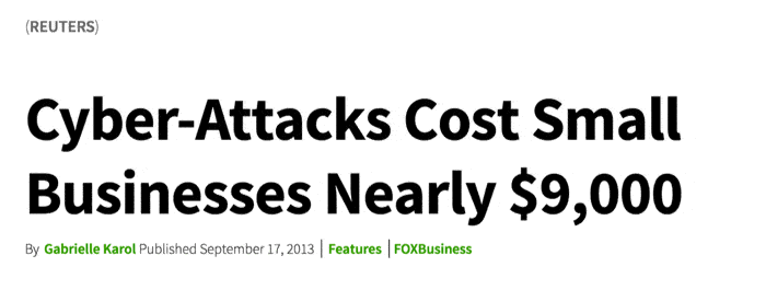 Fox Business headline noting that cyber-attacks cost small businesses nearly $9,000, highlighting financial risks of website breaches.