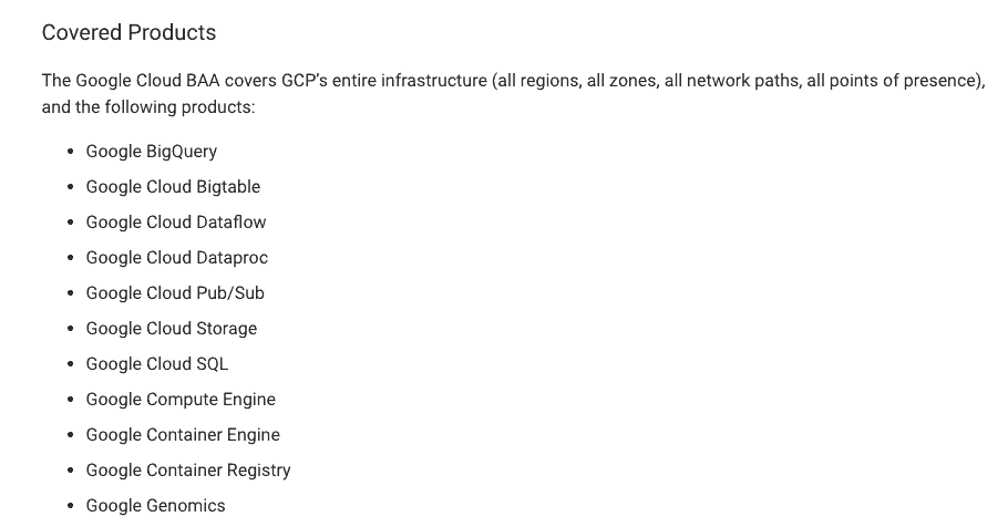 List of Google Cloud products covered under the Google Cloud BAA—such as BigQuery, Cloud Storage, Compute Engine—showing trusted infrastructure for HIPAA compliance