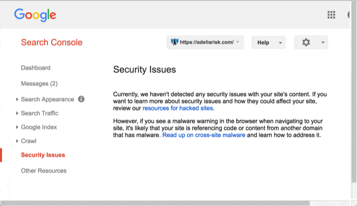 Screenshot of Google Search Console “Security Issues” panel stating no security issues detected, with advice to review resources for hacked sites and a note on cross-site malware warnings in the browser.