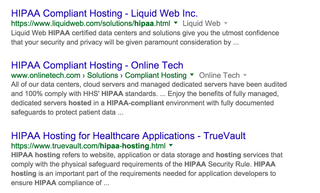 Google search results for HIPAA compliant hosting providers