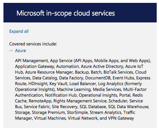 List of Microsoft Azure cloud services that are HIPAA compliant for comparison