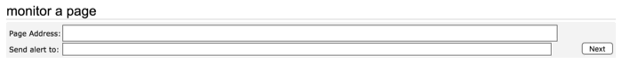 Screenshot of a “Monitor a page” alert form with fields for entering a page address and an email to send notifications, illustrating a solution for detecting unauthorized changes.
