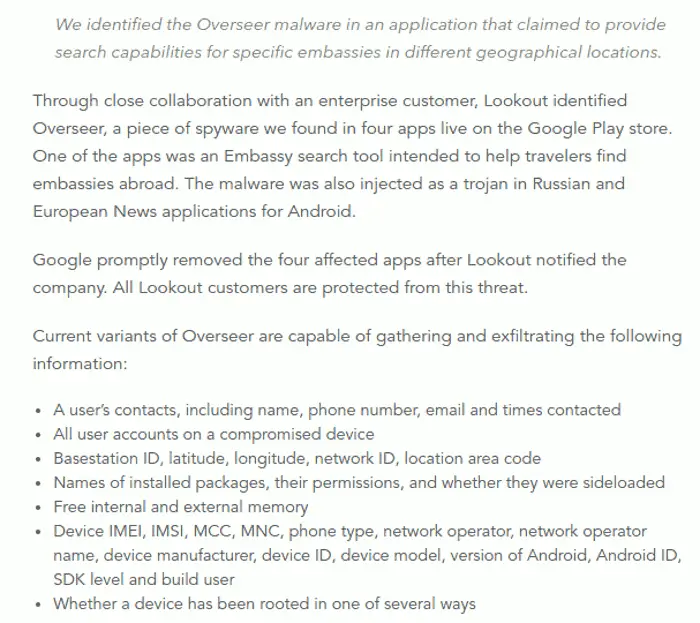 Text excerpt describing Overseer spyware found in four Google Play apps (including an embassy search tool), noting it exfiltrates contacts, location, device IDs, accounts, root status, and was promptly removed.