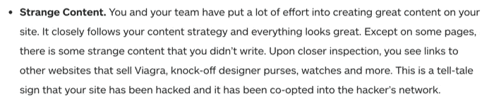 Text excerpt explaining that “strange content” such as links to Viagra, knock-off designer goods, and more—on pages you didn’t write—can indicate your site has been hacked and co-opted into a hacker’s network.
