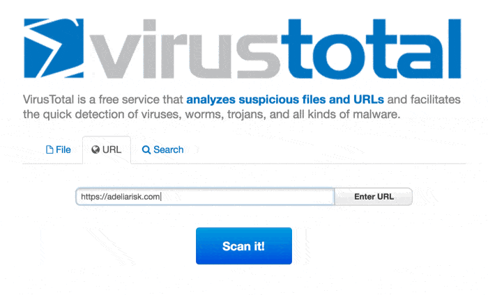 VirusTotal interface displaying a URL scan option: shows where you enter your site’s URL (e.g., https://adeliarisk.com) and click "Scan it!" to detect malware, trojans, or other threats.
