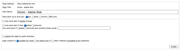 Screenshot of a change-detection alert setup form showing page address, title, alert frequency options (day/week/month), and filters to trigger alerts when text is added or removed—used to detect unauthorized website changes.