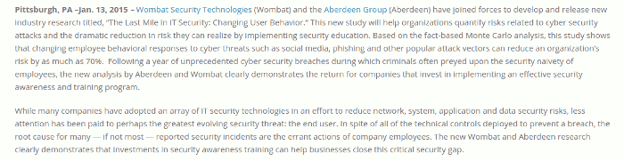 Press-release excerpt from Wombat Security and Aberdeen Group January 2015 showing new research on how security education can reduce cyber risk by up to 70 %.