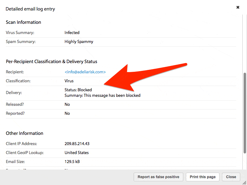 Ransomware email blocked by Adelia Risk security system after bypassing Google filters