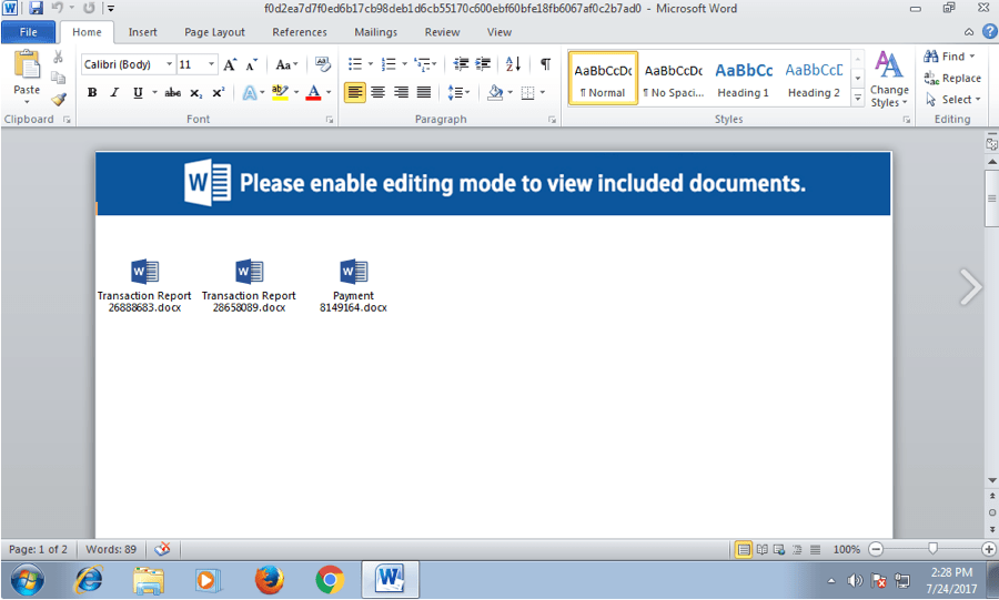 Ransomware email Word document prompting user to enable editing mode for malicious macros