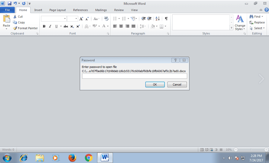 Malicious Word document from ransomware email requiring password to open