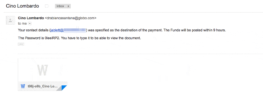 Example of a phishing email used in ransomware attack that bypassed Google filters