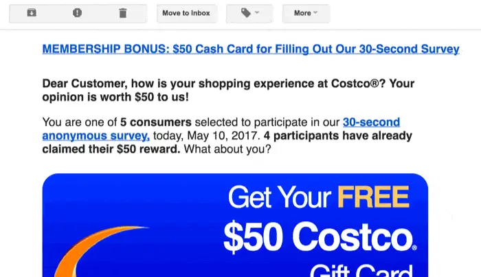 Costco phishing email scam offering fake $50 gift card survey