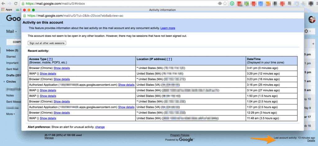 Checking Gmail account activity log for unusual sign-ins