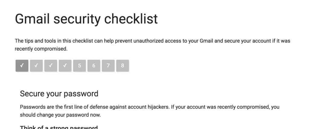 Gmail security checklist for securing accounts with strong passwords