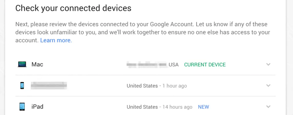 Gmail security settings showing connected devices and login activity