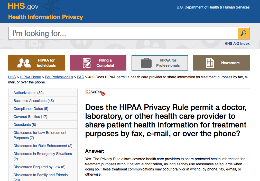 HHS.gov guidance on HIPAA Privacy Rule and secure communication of patient health information.