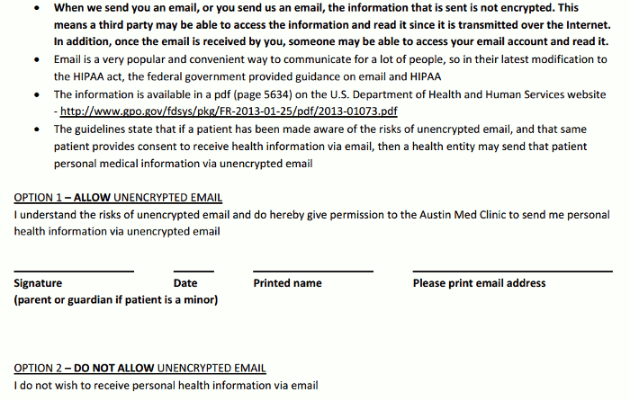 HIPAA compliant email consent form explaining risks of unencrypted email for PHI