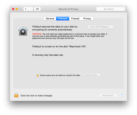 Mac FileVault encryption enabled to secure data for HIPAA compliance