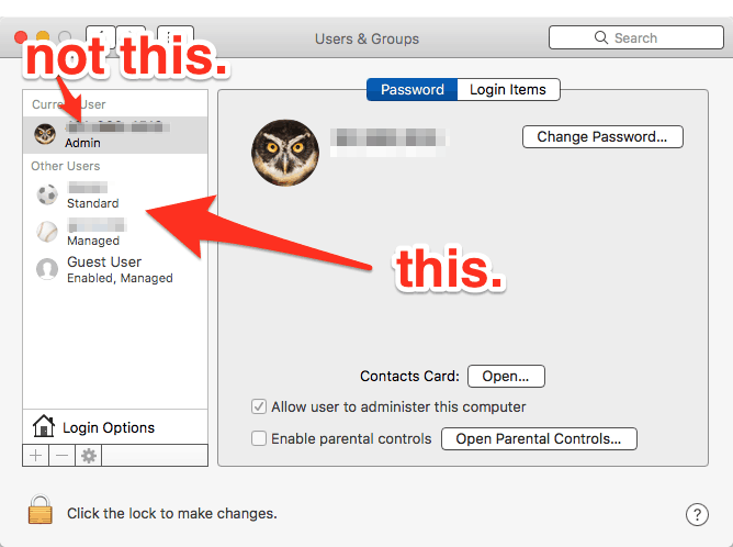 Mac user account settings showing HIPAA best practice of using standard accounts instead of admin