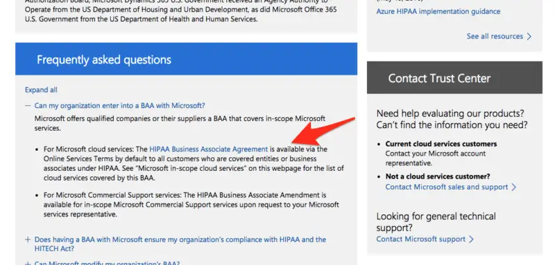 Microsoft Trust Center FAQ explaining HIPAA Business Associate Agreement for Microsoft 365 HIPAA compliance.