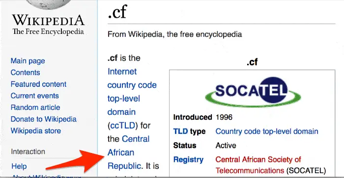Wikipedia entry showing .cf domain used in phishing scams