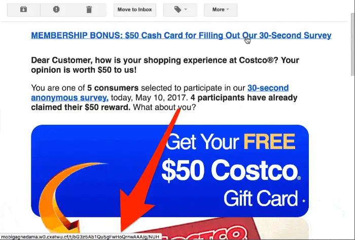 Example of phishing email using fake Costco reward to trick users