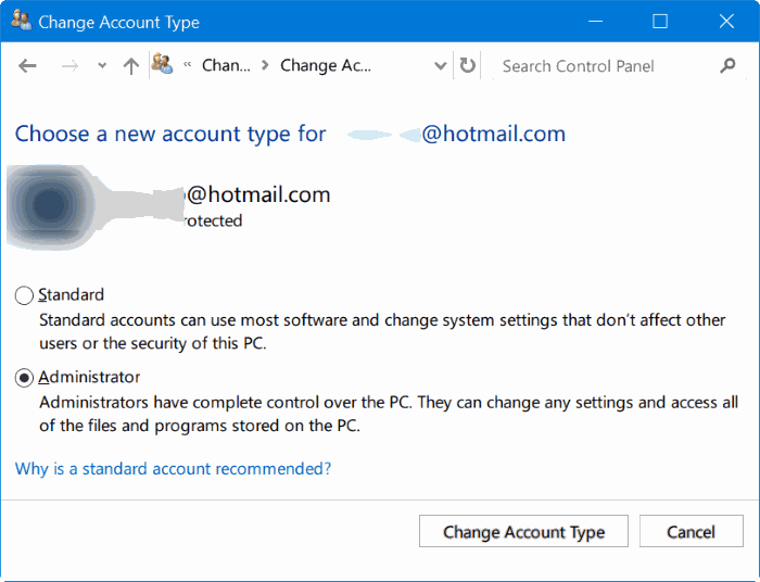 Windows account settings showing administrator vs standard user for cybersecurity best practices