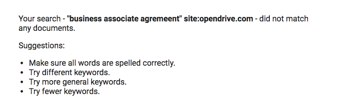 Google search showing no Business Associate Agreement results for Opendrive HIPAA cloud storage compliance