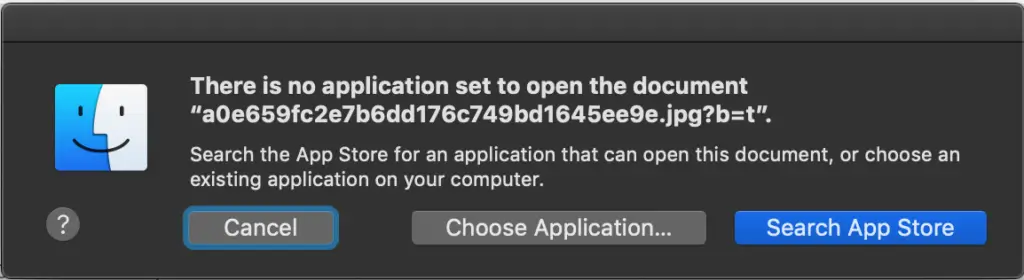 macOS error dialog stating “There is no application set to open the document” for a .jpg file, demonstrating how ransomware-encrypted files may fail to open