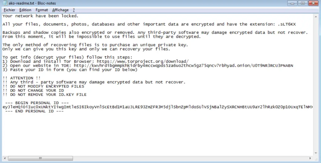 Notepad ransom message stating “Your network have been locked... files are encrypted and have the extension .sLT6KX...” with TOR and payment instructions, illustrating a ransomware note appearing on a victim’s computer