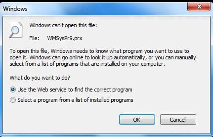 Windows error dialog showing “Windows can’t open this file” when attempting to open a random .prx file, illustrating how encrypted files fail to open due to ransomware