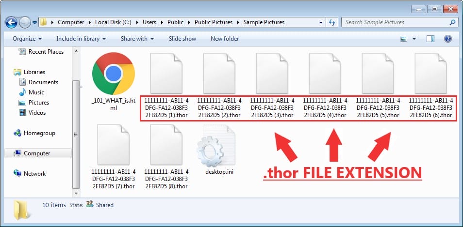 Windows folder showing files renamed with .thor extension after ransomware attack, alongside ransom note file