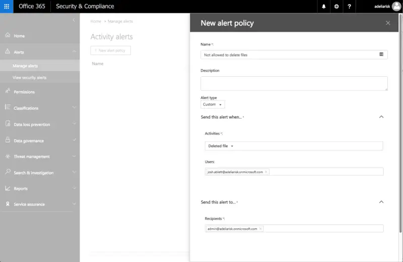 Office 365 HIPAA compliance custom alert policy for file deletion monitoring