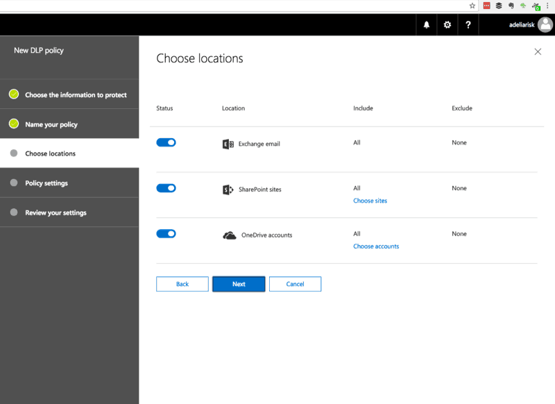 Configuring Office 365 HIPAA compliance by choosing DLP locations for Exchange, SharePoint, and OneDrive