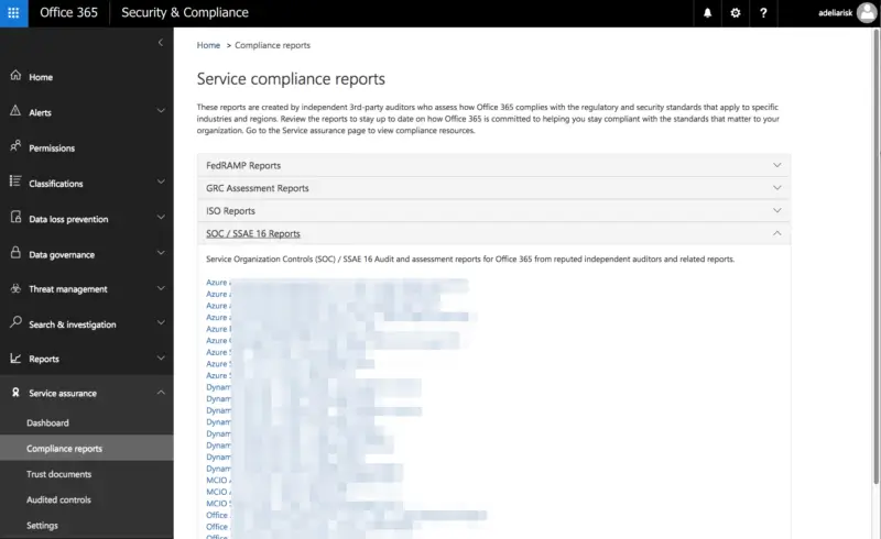 Office 365 service compliance reports for HIPAA and regulatory standards
