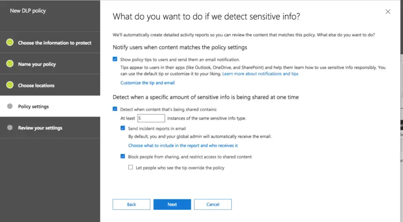 Office 365 HIPAA compliance DLP policy settings to detect and block sensitive data sharing