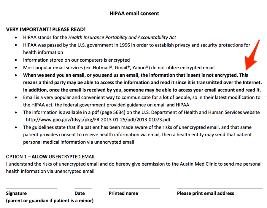 HIPAA email consent form explaining risks of unencrypted email and patient authorization.
