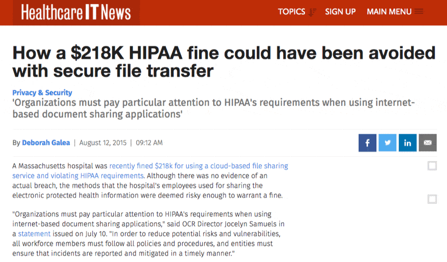 Healthcare IT News article on $218K HIPAA fine showing the importance of secure file transfer and Gmail HIPAA compliance.