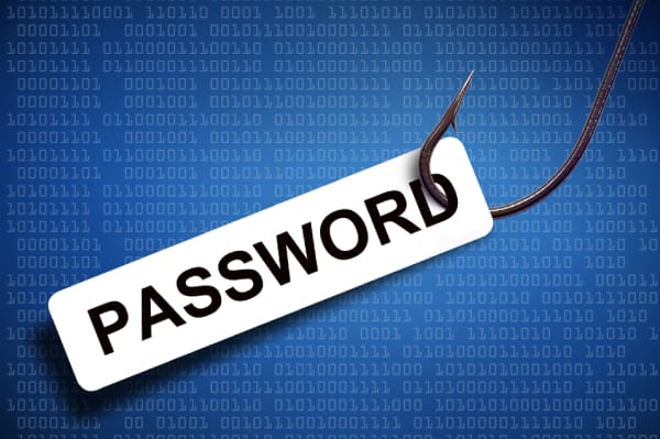 Phishing attack concept with password on a hook illustrating risks of phone number hacks