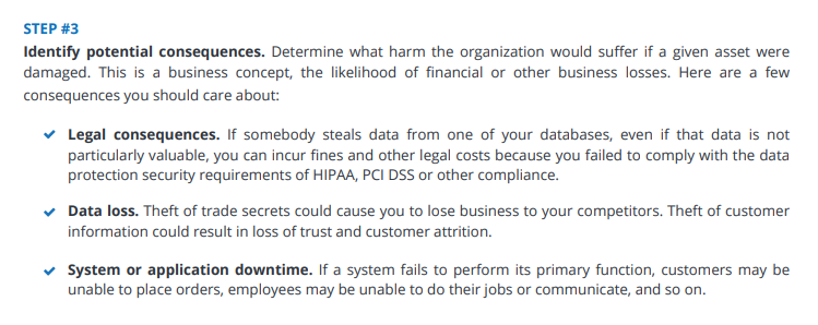 Cybersecurity risk assessment step 3 identifying legal consequences data loss and system downtime
